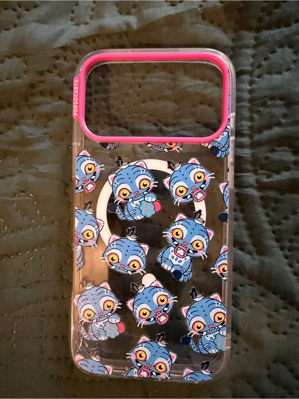PopSocket Clear Phone Case with Pink Trim and Blue Cat Pattern iphone 17 pro max